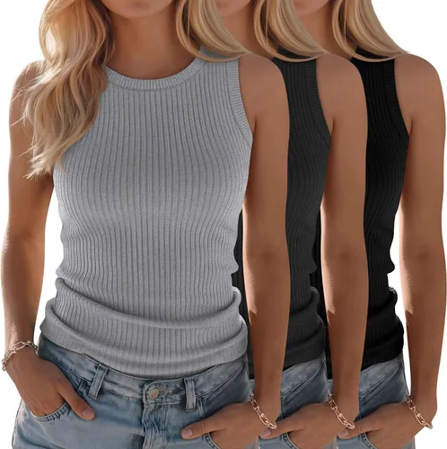 Miniatura 17 de Paquete de 3 camisetas sin mangas de algodón para mujer, de punto acanalado, casuales, básicas, de cuello redondo, ajustadas, de verano, con espalda