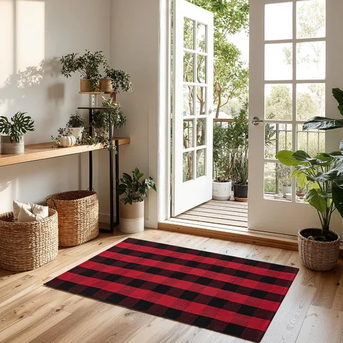 Miniatura 3 de joybest - Alfombra de felpudo tipo búfalo a cuadros de 27.5 x 43 pulgadas en negro y rojo; alfombra de algodón tejida a mano para puerta delantera