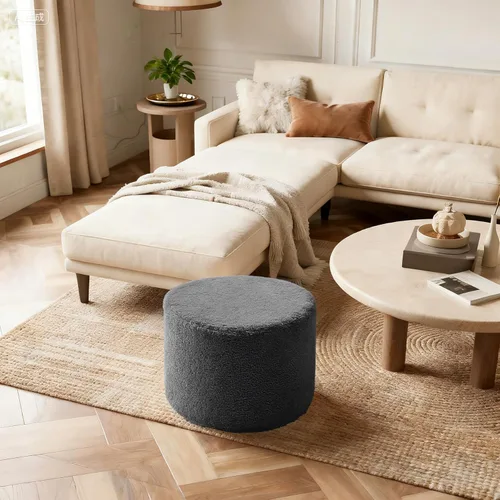 Miniatura 6 de Reposapiés otomano redondo Boucle - Reposapiés suave y ligero con relleno de espuma completa para sala de estar, dormitorio Redondo-gris