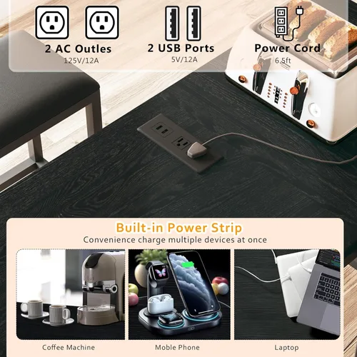 Miniatura 4 de HUAHUU Juego de mesa de bar y sillas para 2-4, mesa de cocina convertible en forma de L de 63 pulgadas con tomas de corriente, mesa de comedor