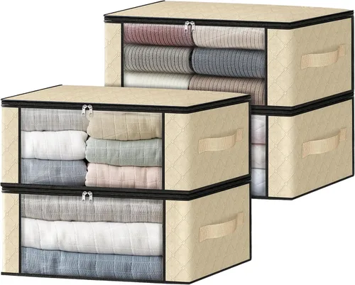 Miniatura 31 de HomeHacks Paquete de 3 bolsas organizadoras de ropa, caja de almacenamiento plegable con gran ventana transparente y asas resistentes para armario