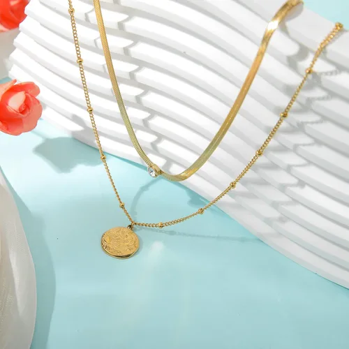 Miniatura 7 de Secroma Collares de oro en capas para mujer, collar de medallón de moneda de 16 quilates, gargantilla de cadena de serpiente, collar de acero
