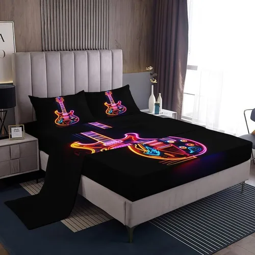 Sábanas de guitarra tamaño King – Sábanas de cama musical, microfibra suave y bolsillo profundo, sábanas y fundas de almohada estampadas sin