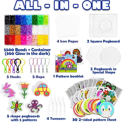 Miniatura 2 de FunzBo - Paquete de cuentas que se funden, 111 patrones, cuentas de colores Melty Fusion, juego de perlas de arte y manualidades para niños, 5500