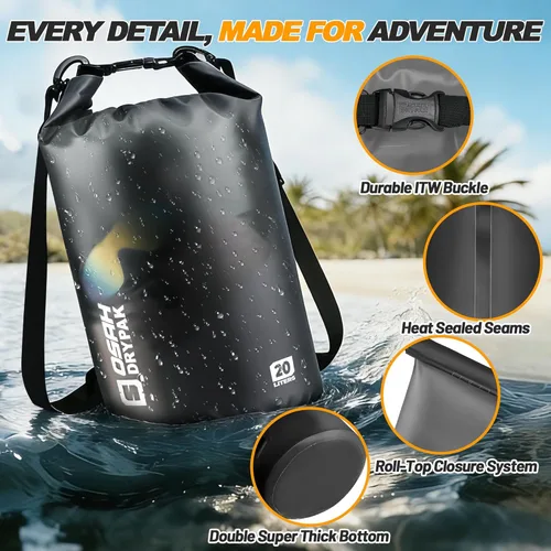 Miniatura 3 de Bolsa seca impermeable, 5L/10L/20L/30L/40L Mochila de almacenamiento ligera con funda para teléfono para mujeres y hombres, saco impermeable Negro