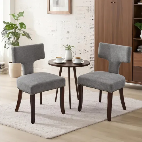 Miniatura 9 de SoarFlash Juego de 2 sillas de comedor modernas de madera, silla tapizada de tela de lino de granja, respaldo curvado con clavos de cobre alrededor