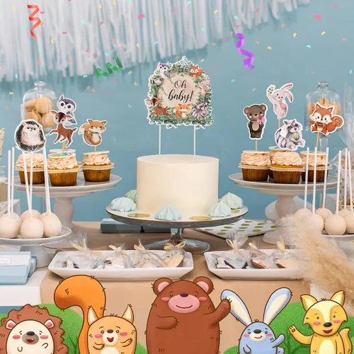 Miniatura 7 de 49 piezas de decoración de cupcakes de bosque neutro de animales del bosque para decoración de baby shower, hojas florales, suministros de fiesta