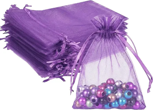 Wudygirl - 100 bolsas de organza transparente de 5 x 7 pulgadas color púrpura con cordón, paquetes para licencias, estuches para lápiz labial,