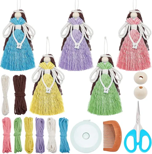 FREEBLOSS Juego de 5 juegos de macramé de ángel, adorno colgante de ángel de hadas, decoración bohemia para colgar en la pared, macramé, kit de