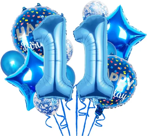 Globos, 12 globos de aluminio para niños de 11 años para decoración de fiesta de cumpleaños de 11 años, globos de confeti, globos de fiesta, Azul 11