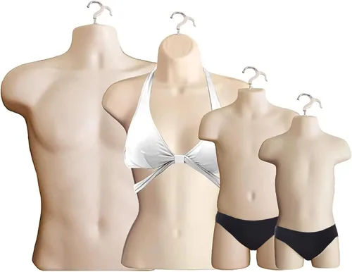 Miniatura 14 de 4 formas de maniquí negro con soportes de metal - Juego de maniquíes colgantes de torso largo para hombre, mujer, niño y bebé con cadera