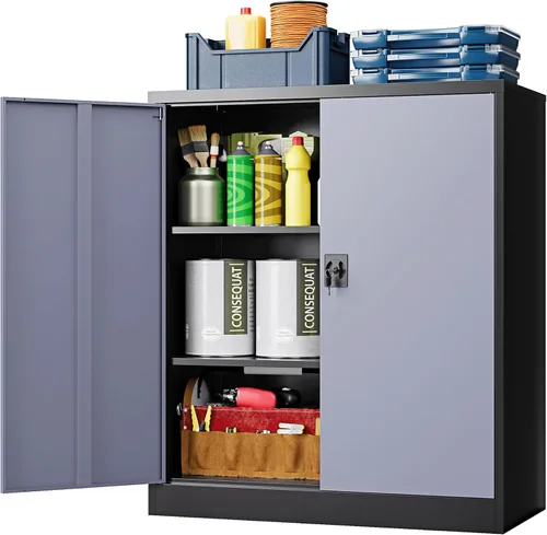 Miniatura 37 de Armario de almacenamiento de metal, archivador alto con 2 estantes ajustables y cajón, gabinete de herramientas de acero con cerradura para oficina