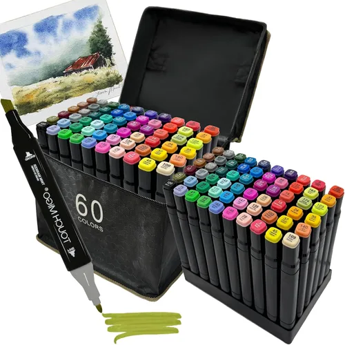 Marcadores de alcohol, 60 colores, doble punta, cincel y marcadores de arte fino con estuche y soportes para adultos, para colorear, pintura,