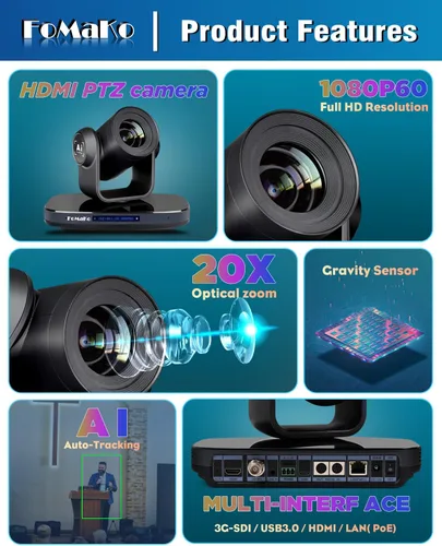 Miniatura 9 de FoMaKo Cámara PTZ 20X Zoom óptico, 1080P 60fps AI seguimiento automático y encuadre, USB3.0 3G-SDI HDMI PoE+, pantalla IP LCD para transmisión