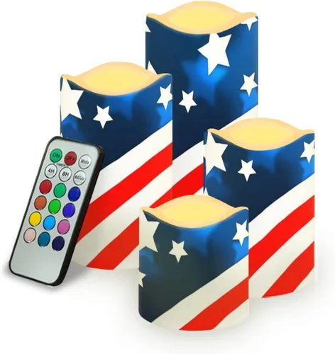 Jeiento Velas de pilar LED sin llama con la bandera patriótica de Estados Unidos, 4 de julio, velas para decoración del 4 de julio para el hogar,
