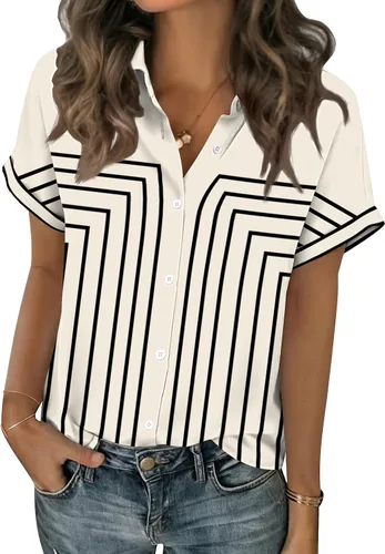 Miniatura 16 de Zeagoo Blusas de verano de manga corta para mujer, camisas casuales con botones, blusas de trabajo de negocios sólidas/a rayas