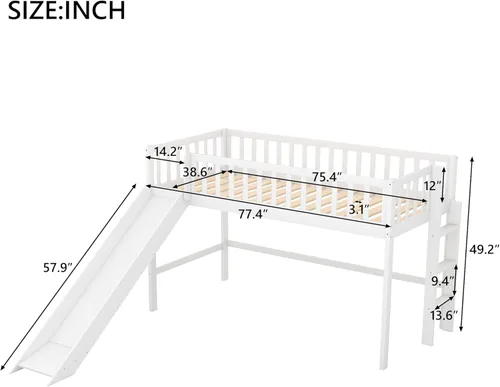 Miniatura 2 de Cama baja tipo loft de tamaño individual con escalera y tobogán, escalera y pizarra, para sala de estar, dormitorio, para niños, niñas