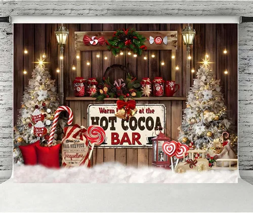 Miniatura 3 de Telón de fondo de cacao caliente de Navidad para fotografía – Fondo de decoración de cetro y árbol de tienda de golosinas – Decoración de fiesta