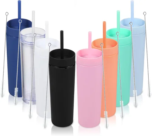 Miniatura 8 de Volhoply Vaso delgado de plástico de 16 onzas con tapa y pajita, paquete de 4 unidades, vasos aislados de doble pared de acrílico mate, sin BPA