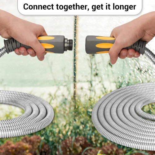 Miniatura 6 de TheFitLife Manguera de jardín de metal flexible, manguera de agua ligera de acero inoxidable de 25 pies con accesorios sólidos y boquilla rociadora