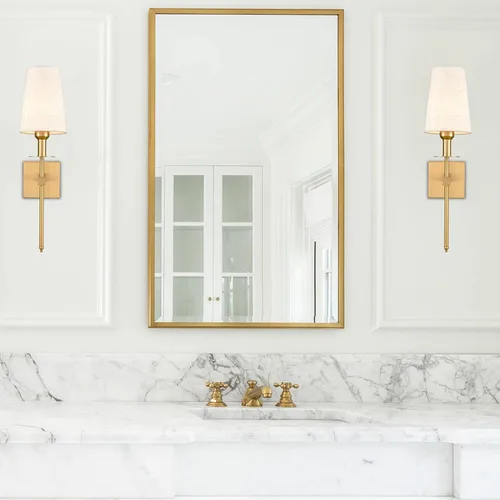 Miniatura 4 de Juego de dos apliques de pared dorados con enchufe, modernos apliques de latón con pantalla de tela, lámparas de pared para dormitorio, pasillo