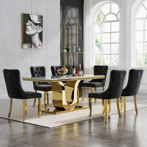 Miniatura 30 de Juego de mesa de comedor de mármol de lujo de 70 pulgadas para 4, juegos de mesa de cocina blanco y dorado para 4, mesa de comedor moderna de mármol