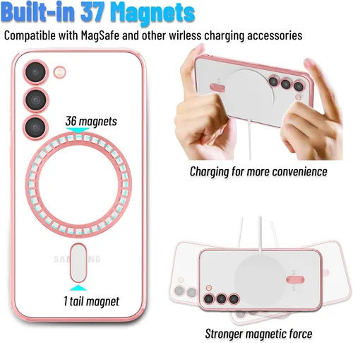 Miniatura 4 de Funda magnética para Samsung Galaxy S23, borde galvanizado, parte trasera transparente, funda protectora delgada con protección de cámara, Rosa