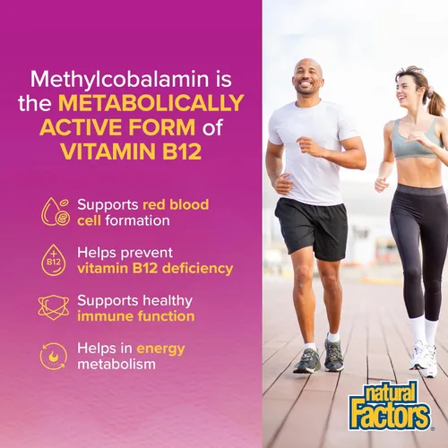 Miniatura 2 de Natural Factors Metilcobalamina 10,000 mcg - Suplemento de vitamina B12 en forma metabólicamente activa - Suplemento apoya la formación celular
