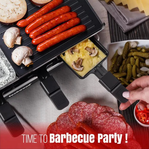 Miniatura 4 de Raclette Grill, Techwood - Parrilla eléctrica para interiores con 2 platos antiadherentes reversibles, 1 placa de parrilla de piedra, calentamiento