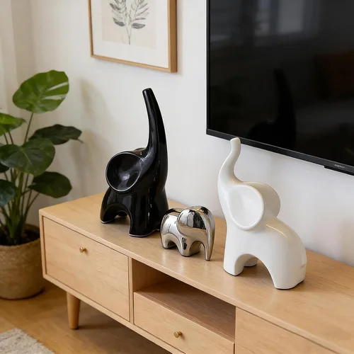 Miniatura 5 de Juego de 3 estatuas de elefante, estatua moderna de decoración de cerámica, elefante de buena suerte, para estantería, sala de estar, oficina, mesa