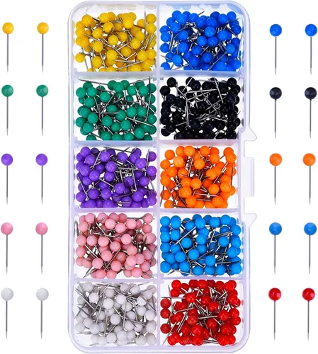 Outus alfileres de acero con cabeza de plástico, 1/8 pulgadas, 500 unidades. Multicolor