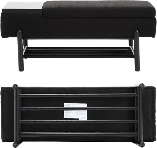 Miniatura 7 de ROCITY Banco de almacenamiento moderno negro con asiento de cojín y patas de madera, 46.5 x 19.25 x 16 pulgadas Lana de cordero negra