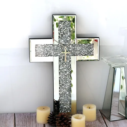 Miniatura 6 de GIMORRTO Decoración de pared con cruz espejada, cristal de diamante triturado, arte de pared religioso (pequeño)