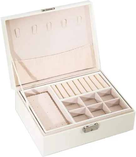 ProttyLife Joyeros para mujer, 2 capas grandes, organizador de joyas para mujer, organizador grande con cerradura para joyería, soporte para aretes,