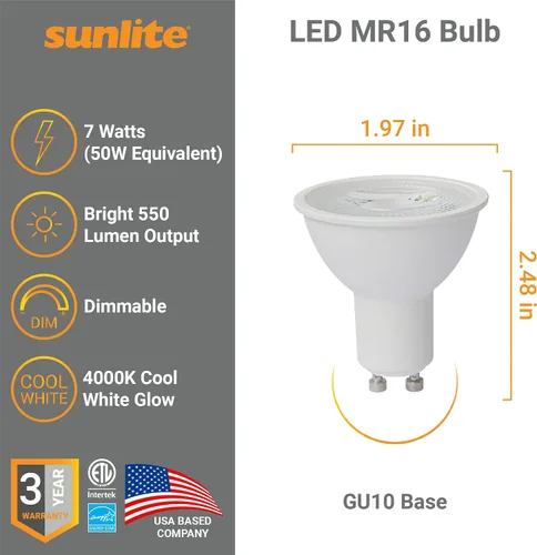 Miniatura 2 de Sunlite Foco reflector LED MR16 41654, 7 vatios (reemplazo de bombilla halógena de 50 W) 120 voltios, 550 lúmenes, haz de inundación de 35°, base