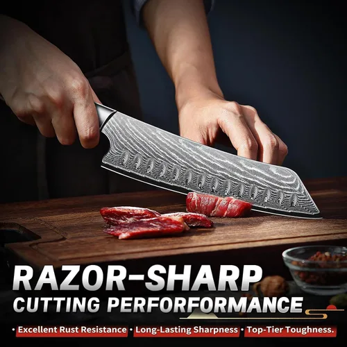 Miniatura 5 de TIJERAS Cuchillo de chef japonés, cuchillo de cocina Santoku de Damasco, 7 pulgadas, Damasco de 67 capas, cuchillos de chef profesionales afilados