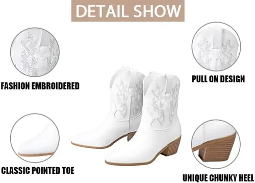 Miniatura 3 de STALOV Botas vaqueras occidentales para mujer, bordadas, plateadas, hasta el tobillo, punta puntiaguda, sin cierre, tacón de bloque, casual
