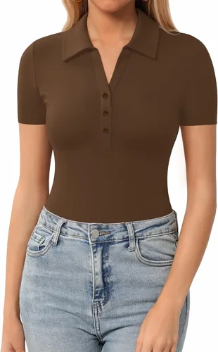 Miniatura 8 de HERLOLLYCHIPS Womens Short Sleeve Tops V Neck Button Down Collared Fitted Shirts
