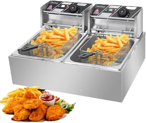 Freidora de alta resistencia, 12.7QT/12L Freidoras eléctricas grandes de doble cilindro de acero inoxidable con cesta extraíble y elemento de