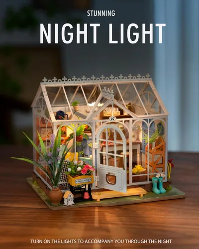 Miniatura 6 de Rolife - Kit de bricolaje de casa de muñecas en miniatura, conjunto de construcción de diorama de invernadero de 24.4 cm con habitación LED