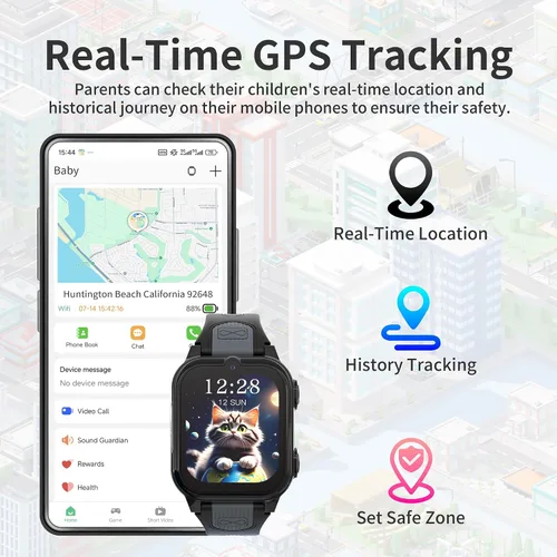Miniatura 3 de Citfis Reloj inteligente 4G para niños con rastreador GPS, video y llamadas de voz, reloj GPS para niños de 5 a 12 años, cámara de chat SOS, Negro