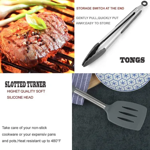 Miniatura 3 de Juego de utensilios de cocina de silicona con mango de acero inoxidable, juego de espátulas, juego de utensilios de cocina, herramientas y gadgets
