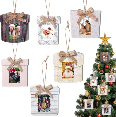 Namalu 12 Piezas Marcos Pequeños para Adornos de Navidad Mini Adornos de Marcos de Fotos de Madera para Árbol de Navidad Recuerdos Colgantes de
