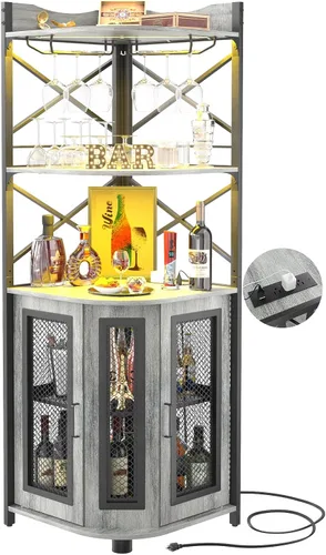 Aheaplus Armario de barra de esquina con toma de corriente, gabinete industrial para vino con tira LED y soporte para vidrio, gabinete de licor de 5