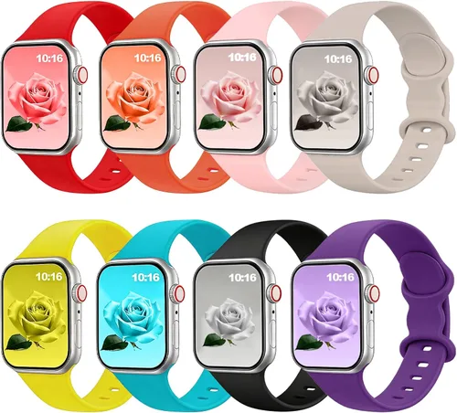 Brigtlaiff - Paquete de 8 bandas compatibles con Apple Watch de 38, 40, 41, 42, 44, 45, 46 y 49 mm, unisex, correa deportiva de silicona suave para