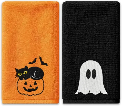 Hexagram Halloween Hand Towels for Bathroom Set of 2, Black and Orange Halloween Bathroom Decor Embroidered Ghost Pattern, Soft Luxury Hand Towels