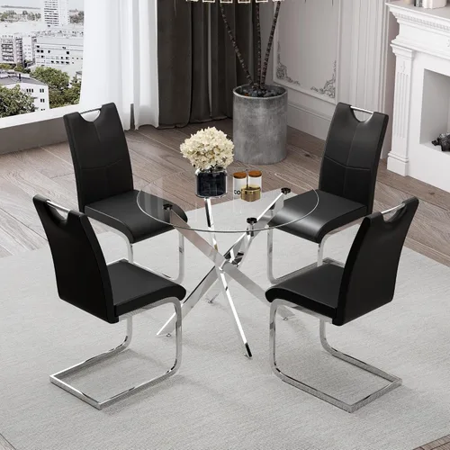 Miniatura 14 de Juego de mesa de comedor redonda de vidrio templado para 4, juego de mesa de cocina moderna de 5 piezas con 4 sillas tapizadas para cocina y comedor