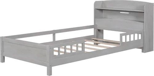 Miniatura 8 de Bellemave Base de cama individual con cabecera de almacenamiento y rieles para vallas, camas de plataforma baja de madera con luz LED y soporte