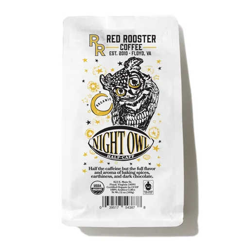 Red Rooster Coffee, Café orgánico Night Owl Half-Caff – Grano entero de tostado medio – Notas de cacao y especias para hornear – 12 oz – USDA