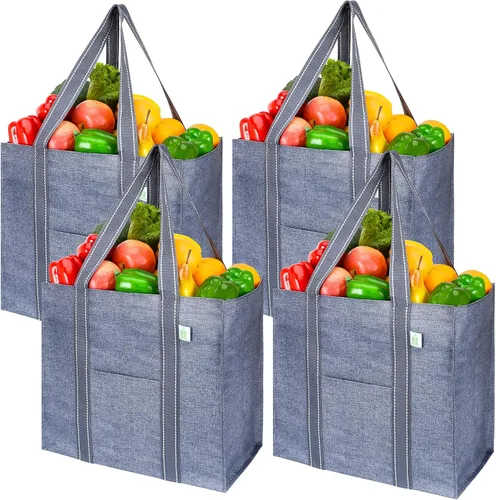 Miniatura 13 de VENO Paquete de 4 bolsas de comestibles reutilizables de Navidad, bolsas de compras resistentes con asas, para carrito de compras con parte inferior